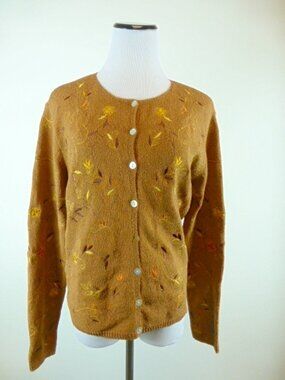 KNITTING NEEDLES ORANGE Embroidered silk knit Cardigan sweater L